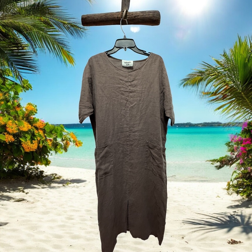 Brown Midi linen Dress Round Neckline size large